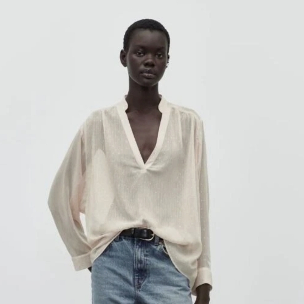 Zara Cream Rhinestone V-Neck Blouse